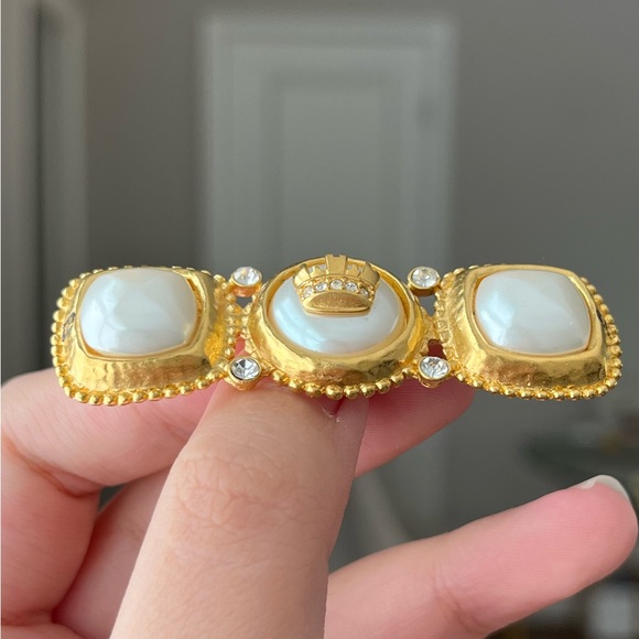Vintage Fendi Crown Logo Faux Pearl Rhinestone Gold Bar Brooch Collectible
